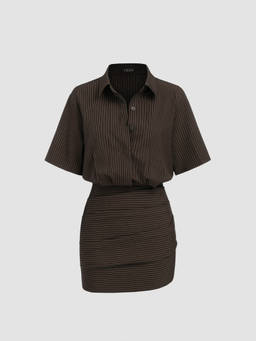 Cider - Women's Striped Ruched Button-Front Shirt Mini Dress Brown