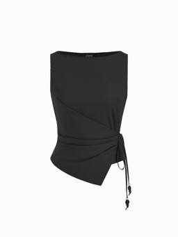 Cider - Linen-Blend Women’s Beaded Ruched Knotted Tank Top Black