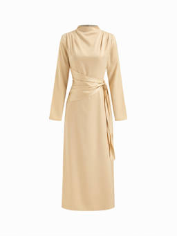 Cider - Stand Collar Women's Ruched Draped Maxi Dress Beige