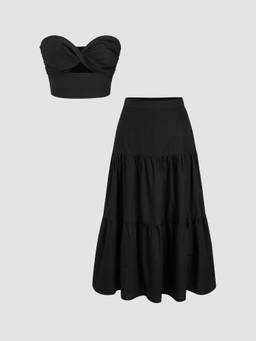 Cider - Cotton-Blend Women’s Twist Bandeau Crop Top Skirt Set Black