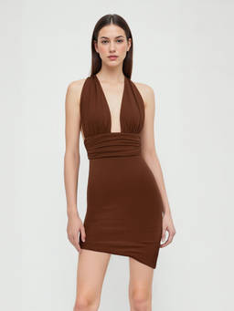 Cider - Women's Ruched Halter V-Neck Bodycon Mini Dress Brown