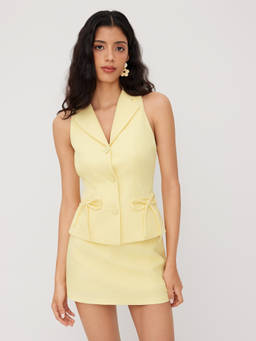 Cider - Jacquard Women's Sleeveless Collar Mini Skirt Set Yellow