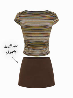 Cider - Cotton Blend Women Ruched Boat Neck Skort Set Brown