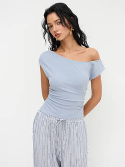 Cider - Cotton Blend Women’s Off-Shoulder Ruched Co-ord Set Blue