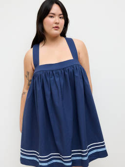 Cider - Linen Blend Women’s Square Neck Criss Cross Mini Dress Blue