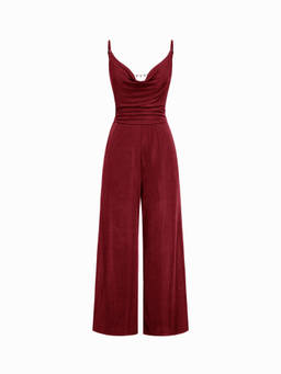 Cider - Women's Cowl Neck Chain Backless Ruched Wide-Leg Jumpsuit Wine
