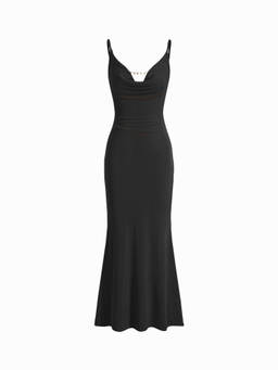 Cider - Chain Detail Women's Backless Cowl Neck Mermaid Maxi Dress Black