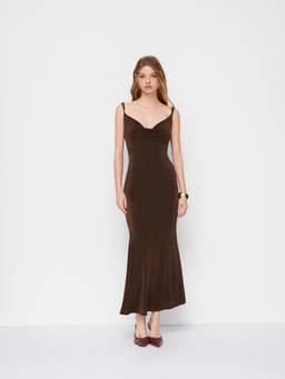 Cider - Chain Detail Women Cowl Neck Backless Mermaid Maxi Dress Brown