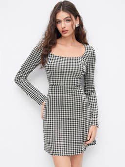 Cider - Gingham Women's Checks Square Neck Mini Shift Dress Black