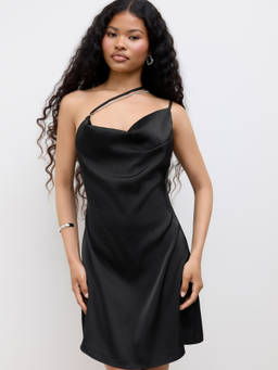 Cider - Women's Satin Rhinestone Chain Asymmetrical Neck Mini Dress Black