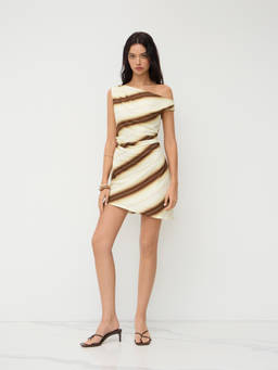 Cider - Linen-Blend Women's Striped Ruched One-Shoulder Mini Dress Brown
