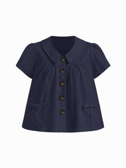 Cider - Cotton Blend Women's Peter Pan Collar Button Oversized Blouse Navy Blue