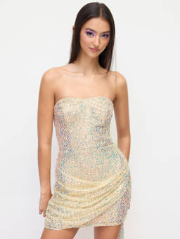 Cider - Sequin Sculptural Women’s Strapless Draped Bandeau Mini Dress Gold