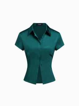 Cider - Satin Collar Women's Regular Fit Short Sleeve Shirt Teal