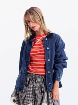 Cider - Collar Women's Oversized Long Sleeve Denim Jacket Blue