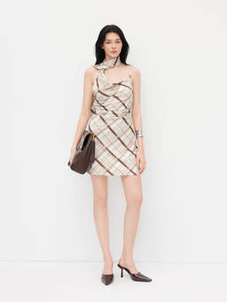 Cider - Plaid Women's Cowl Neck Ruched Mini Dress Brown