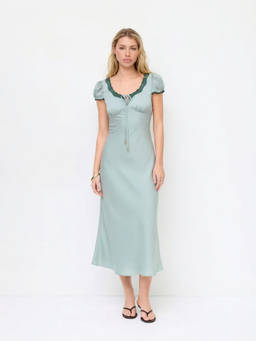 Cider - Satin Lace Trim Women's U-Neck Knotted Maxi Dress Green