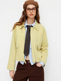 Cider - Suede Collar Women's Zipper Pocket Jacket Yellow