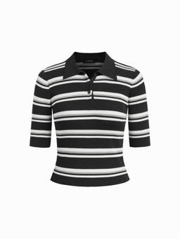Cider - Knit Collar Women's Striped Button Polo Top Black