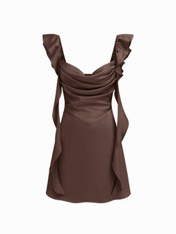 Cider - Satin Women's Sweetheart Neck Ruffle Hem Backless Mini Dress Brown