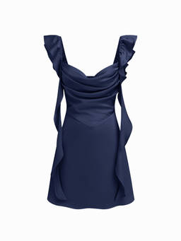 Cider - Satin Women's Sweetheart Neck Ruffle Hem Mini Dress Navy Blue