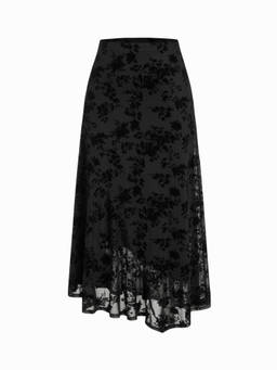 Cider - Mesh Women's Mid-Rise Abstract Floral Asymmetrical Maxi Skirt Black