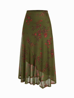 Cider - Mesh Women's Mid-Rise Abstract Floral Asymmetrical Maxi Skirt Olive