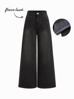 Cider - Fleece-Lined Women High-Rise Stretch Wide-Leg Jeans Black