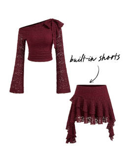 Cider - Lace Women's Ruched Asymmetrical Neck Skirt Set Burgundy