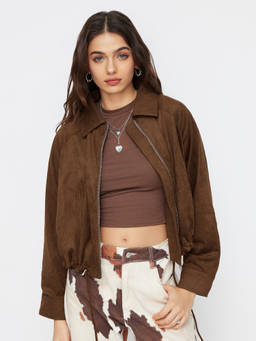 Cider - Suede Women's Zip-Through Drawstring Oversized Jacket Brown