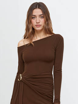 Cider - Metal Detail Women's Asymmetrical Neck Draped Mini Dress Brown