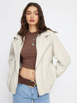 Cider - Two Tone Collar Women Zip-Through Oversized Jacket Cream