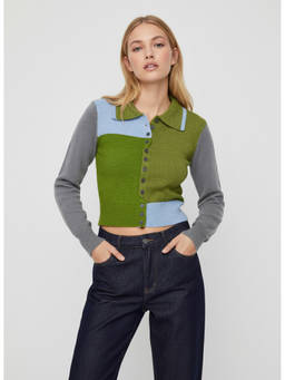 Cider - Colorblock Women's Button-Up Collar Knit Cardigan Green