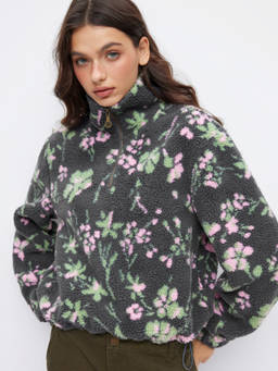 Cider - Faux Fur Women's Oversized Floral Funnel Neck Sweatshirt Grey