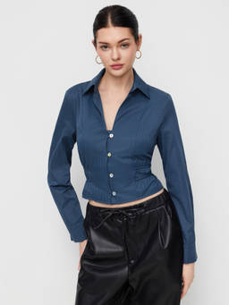 Cider - Cotton-Blend Women's V-Neck Striped Cinched Blouse Navy Blue