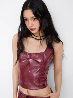 Cider - Faux Leather Women Ruched Square Neck Crop Cami Top Burgundy