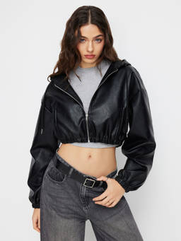 Cider - Faux Leather Women Hooded Drawstring Zip Crop Jacket Black