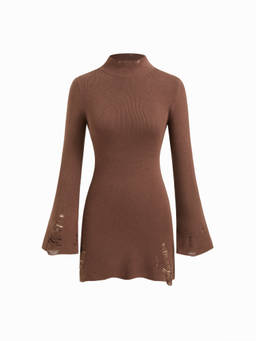 Cider - Knit Women's High Neck Bell Sleeve Ripped Mini Dress Brown
