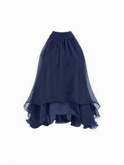 Cider - Knotted Ruffle Hem Women's Halter Neck Blouse Navy Blue