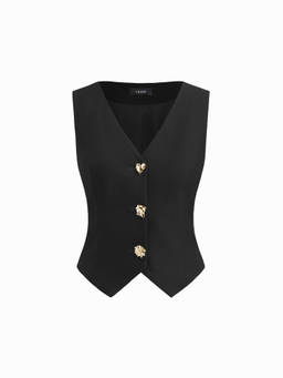 Cider - Metal Button Women’s Belted Asymmetrical Hem Blazer Vest Black