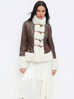 Cider - Faux Leather Women Faux Fur Trim Toggle Jacket Brown