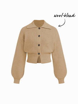 Cider - Knit Wool-Blend Women’s Ribbed Button-Up Collar Cardigan Tan