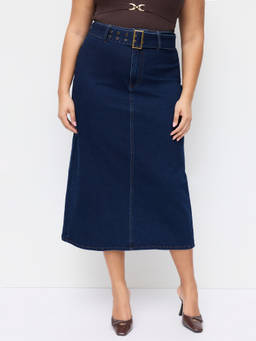 Cider - Stretch Denim Women Mid-Rise Split Back Maxi Skirt Navy Blue
