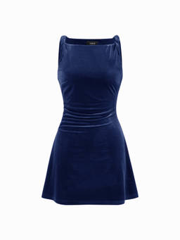 Cider - Women's Velvet Boat Neck Ruched Mini Dress Navy Blue