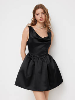 Cider - Satin Women's Cowl Neck Ruched Mini Dress Black