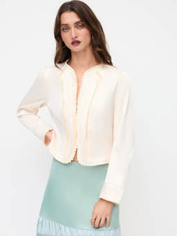 Cider - Satin Women’s Pleated Trim Round Neck Jacket Cream
