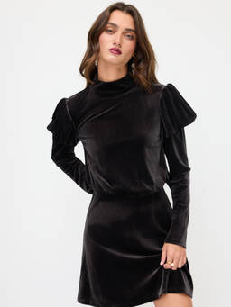 Cider - Velvet Women's Ruched Ruffle Hem Mini Dress Black