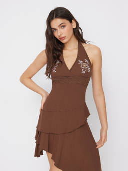 Cider - Floral Lace Women's Halter Neck Ruffle Hem Mini Dress Brown