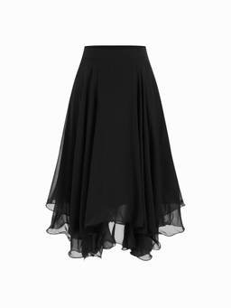 Cider - Chiffon Women's Layered Ruffle Mid-Rise Midi Skirt Black