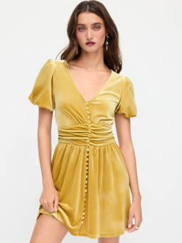Cider - Velvet Women's V-Neck Ruched Puff Sleeve Mini Dress Gold
